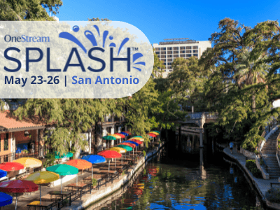 Photo of the San Antonio Riverwalk with colorful umbrellas. OneStream Splash logo displayed prominently