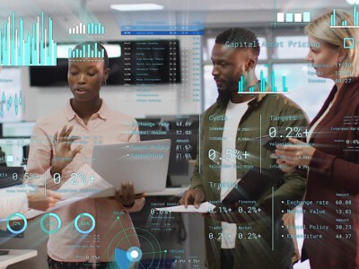 Financial data processing over diverse business people in office