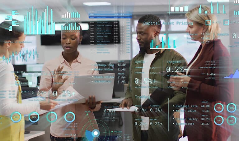 Financial data processing over diverse business people in office