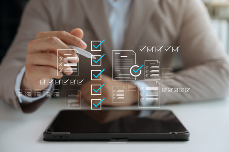 checklist infographic overlays man with laptop