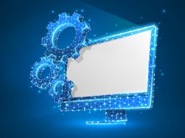 Gears on white computer monitor. Industry, business solution, technology, settings concept. Abstract, digital, wireframe, low poly mesh, Raster blue neon 3d illustration. Triangle, line, dot, star Gears on white computer monitor. Industry, business solution, technology, settings concept. Abstract, digital, wireframe, low poly mesh, Raster blue neon 3d illustration. Triangle, line, dot, star